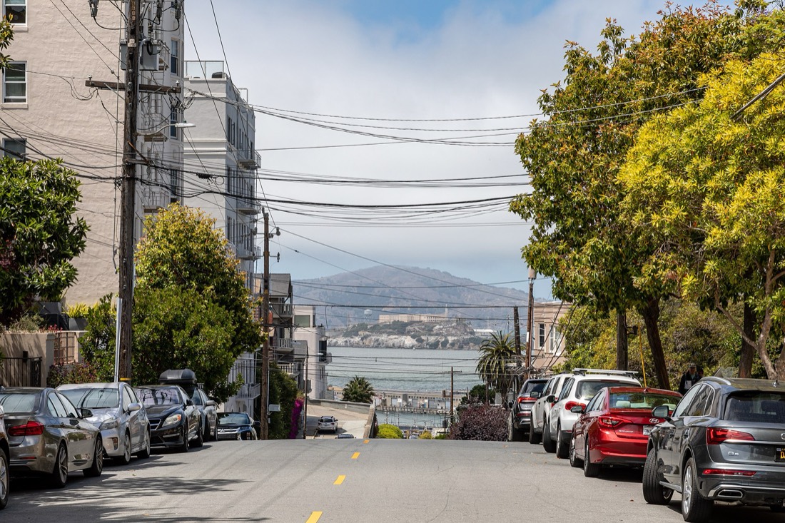 A San Francisco hillside street with bay views